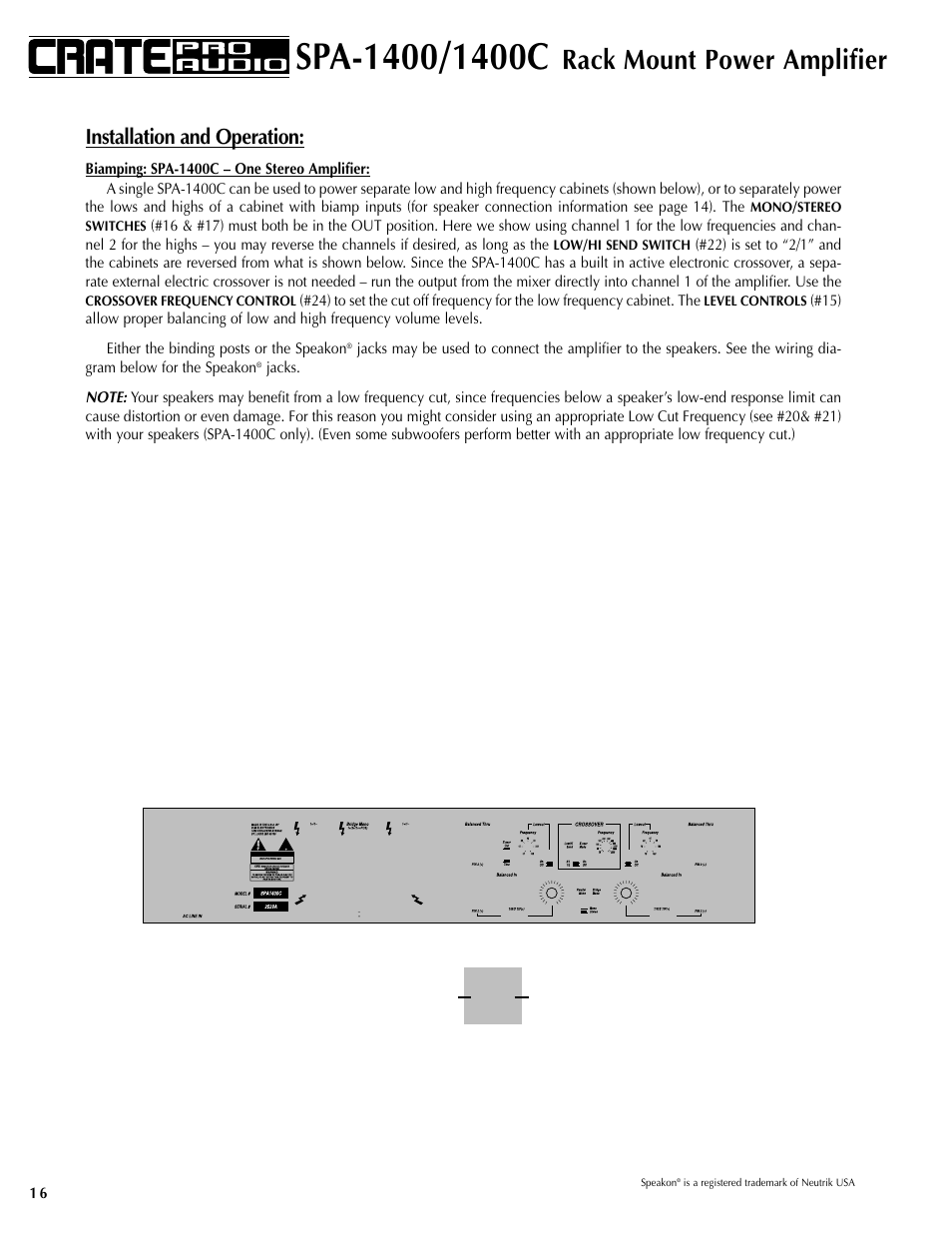 Rack mount power amplifier, Installation and operation | Crate Amplifiers SPA-1400 User Manual | Page 16 / 24