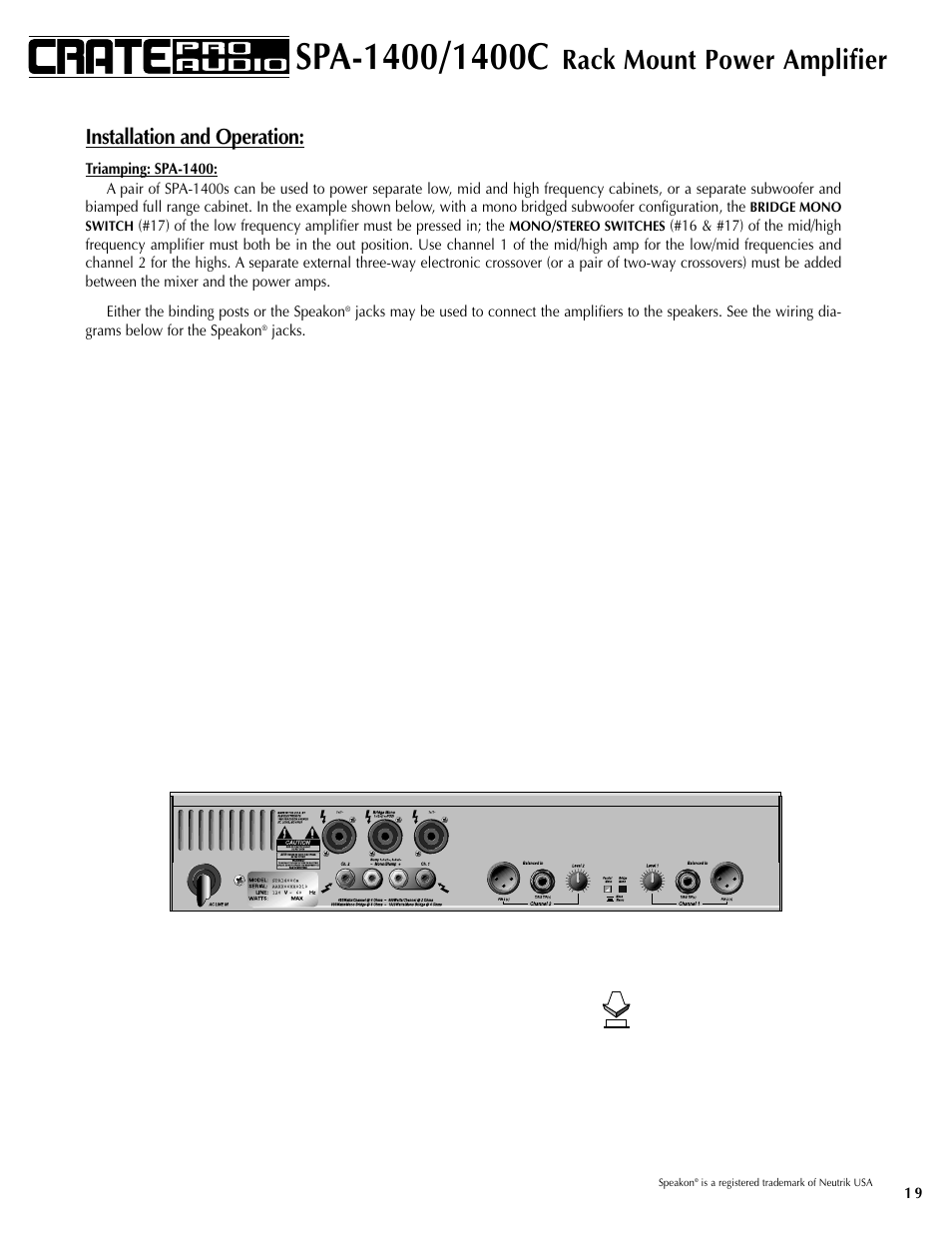 Rack mount power amplifier, Installation and operation | Crate Amplifiers SPA-1400 User Manual | Page 19 / 24