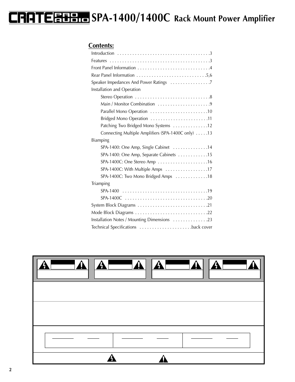 Crate Amplifiers SPA-1400 User Manual | Page 2 / 24