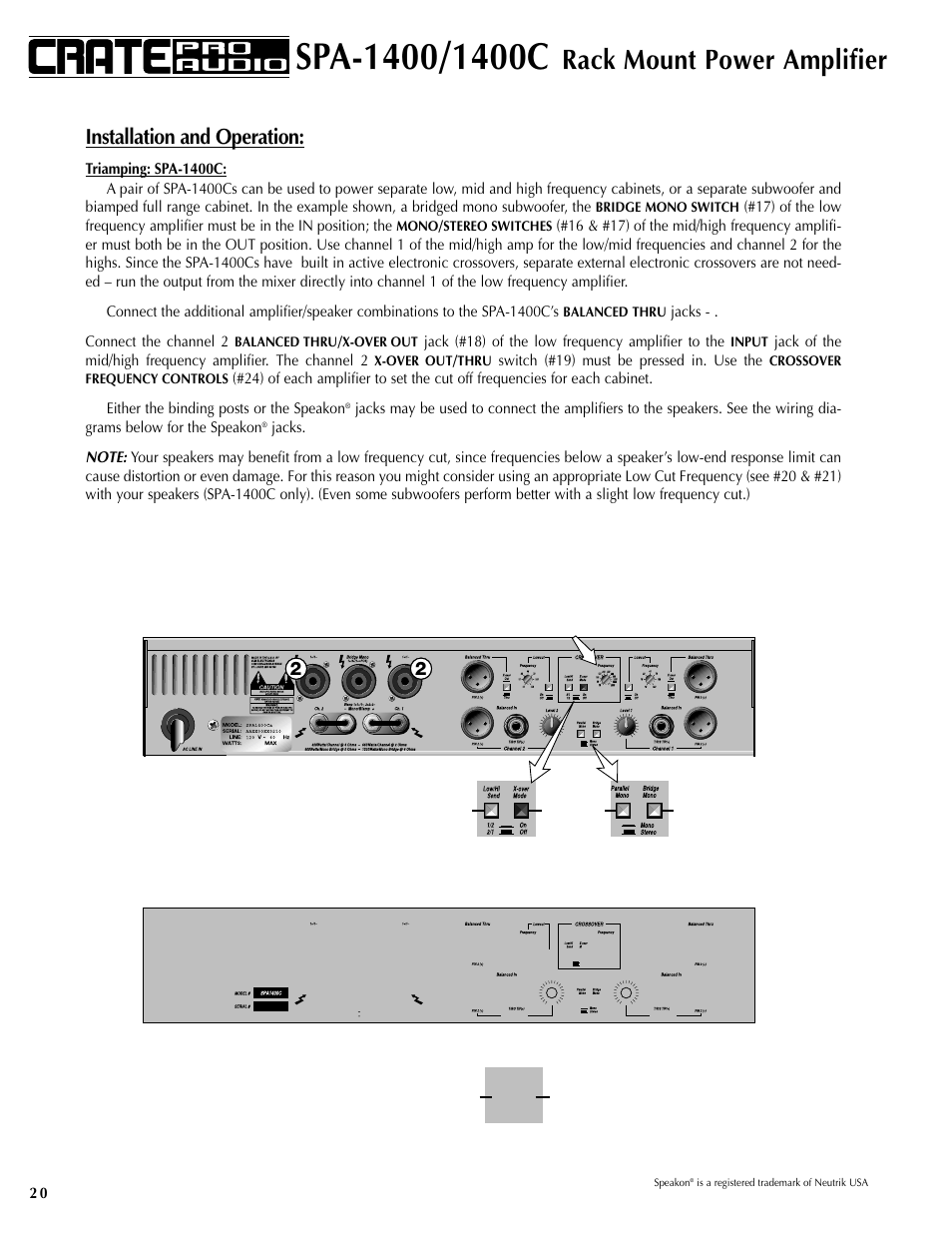 Rack mount power amplifier, Installation and operation | Crate Amplifiers SPA-1400 User Manual | Page 20 / 24