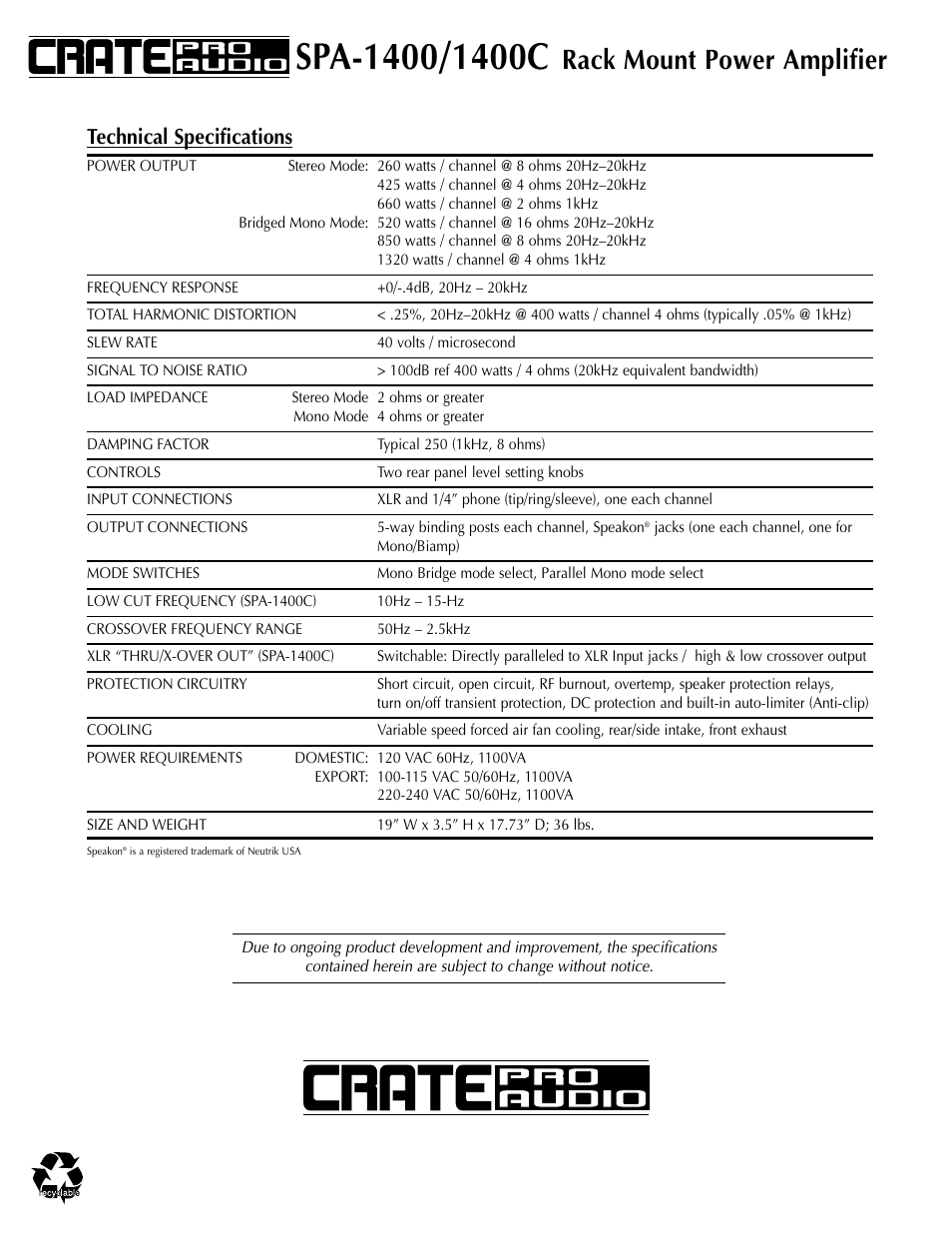 Rack mount power amplifier, Technical specifications | Crate Amplifiers SPA-1400 User Manual | Page 24 / 24