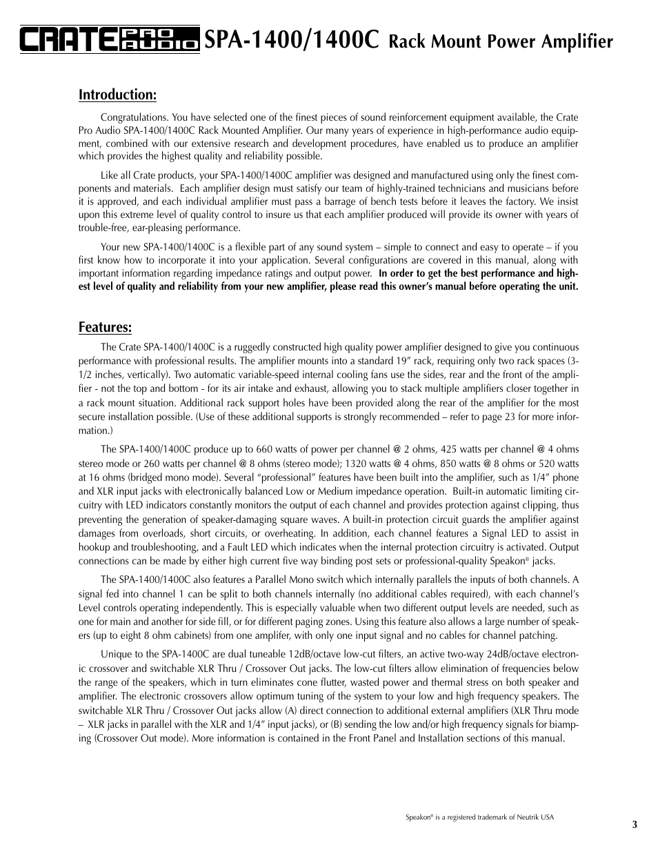 Rack mount power amplifier, Introduction, Features | Crate Amplifiers SPA-1400 User Manual | Page 3 / 24