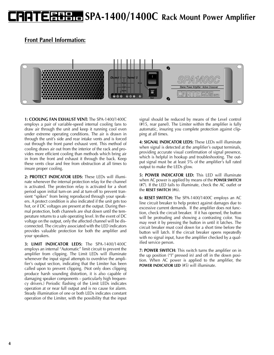 Rack mount power amplifier, Front panel information | Crate Amplifiers SPA-1400 User Manual | Page 4 / 24