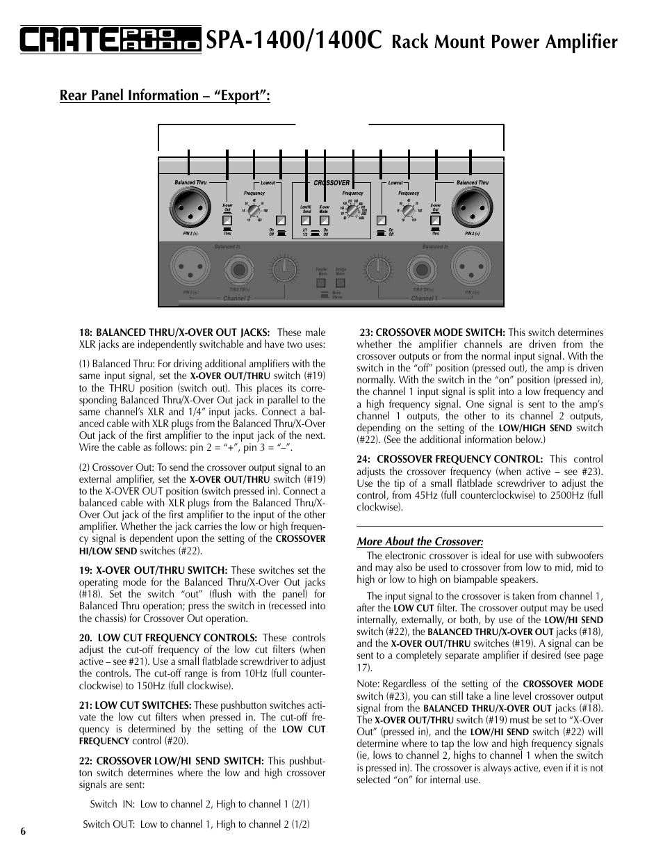Rack mount power amplifier, Rear panel information – “export | Crate Amplifiers SPA-1400 User Manual | Page 6 / 24