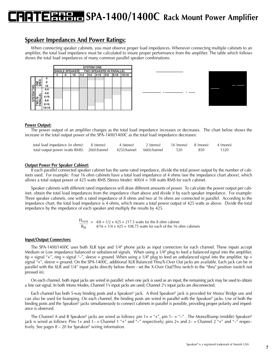 Rack mount power amplifier, Speaker impedances and power ratings, Jack. a third speakon | Wiring information | Crate Amplifiers SPA-1400 User Manual | Page 7 / 24