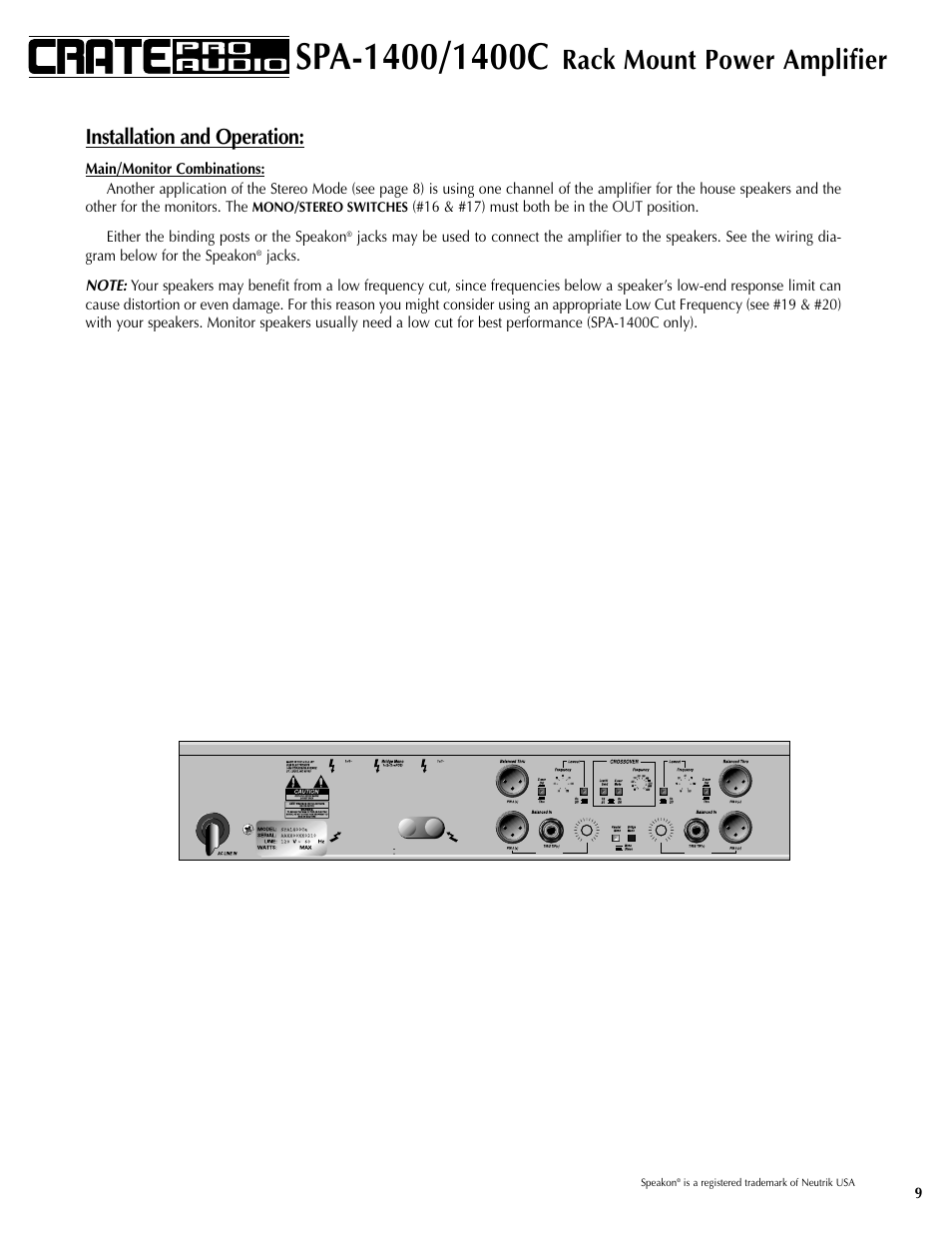 Rack mount power amplifier, Installation and operation | Crate Amplifiers SPA-1400 User Manual | Page 9 / 24
