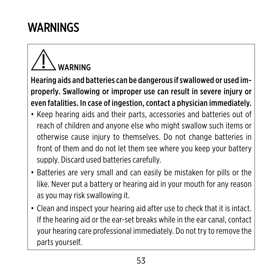 Warnings | Widex C-9 User Manual | Page 53 / 76