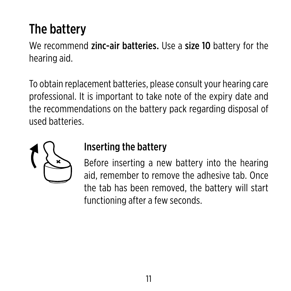The battery | Widex C-CIC User Manual | Page 11 / 84