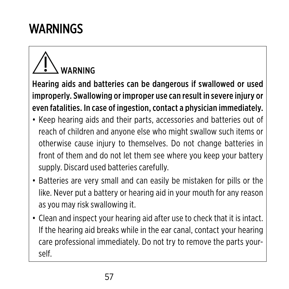 Warnings | Widex C-CIC User Manual | Page 57 / 84