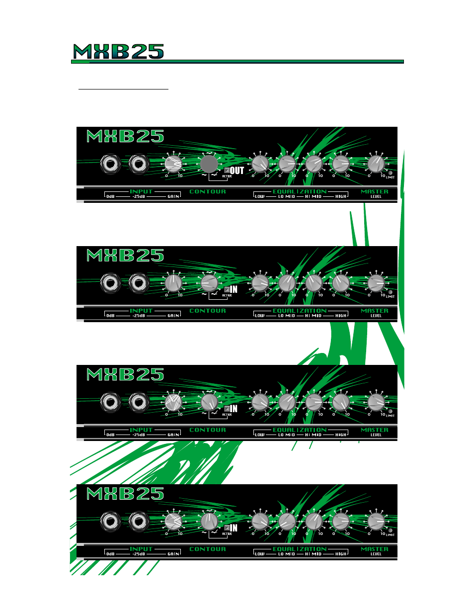 Bass amplifier, Suggested settings: 6, Out in in in | Clean: blues: rhythm: lead | Crate Amplifiers MXB25 User Manual | Page 6 / 8