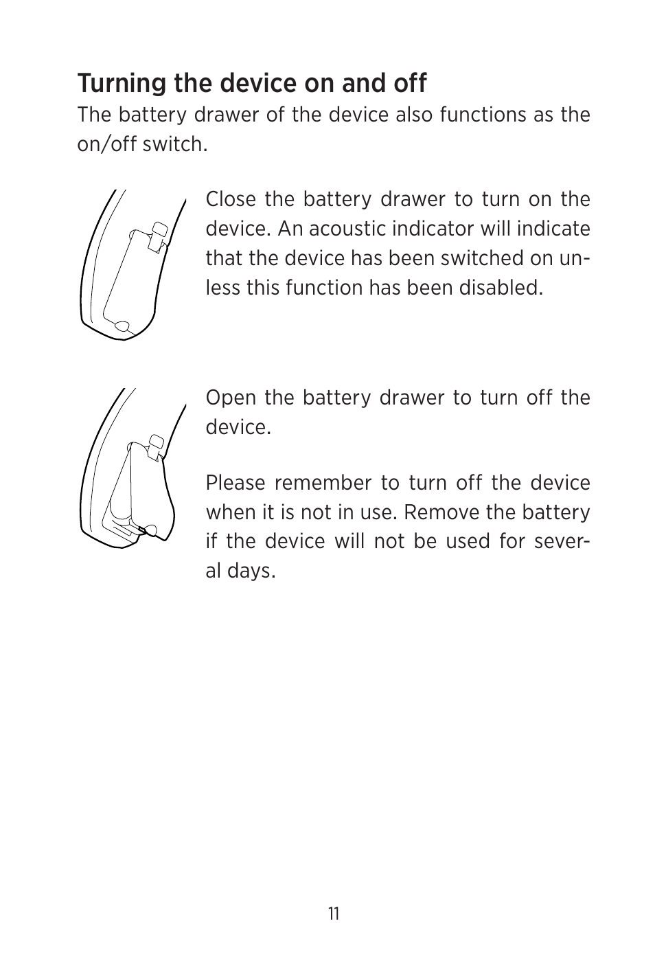 Turning the device on and off | Widex C2-PA (RIC) User Manual | Page 11 / 44
