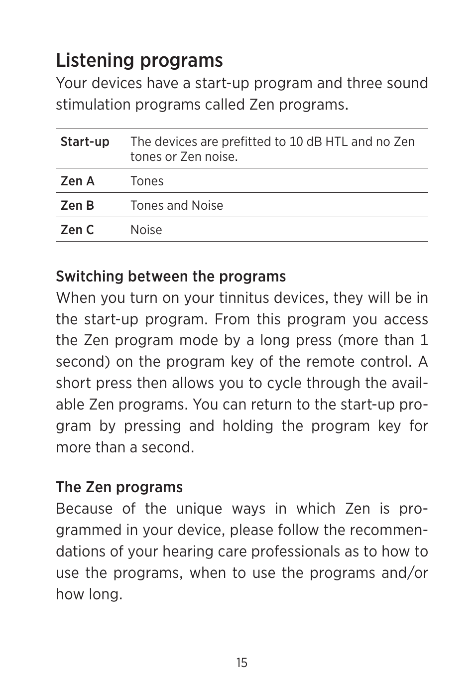 Listening programs | Widex C2-PA (RIC) User Manual | Page 15 / 44