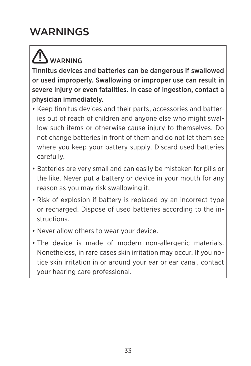 Warnings | Widex C2-PA (RIC) User Manual | Page 33 / 44