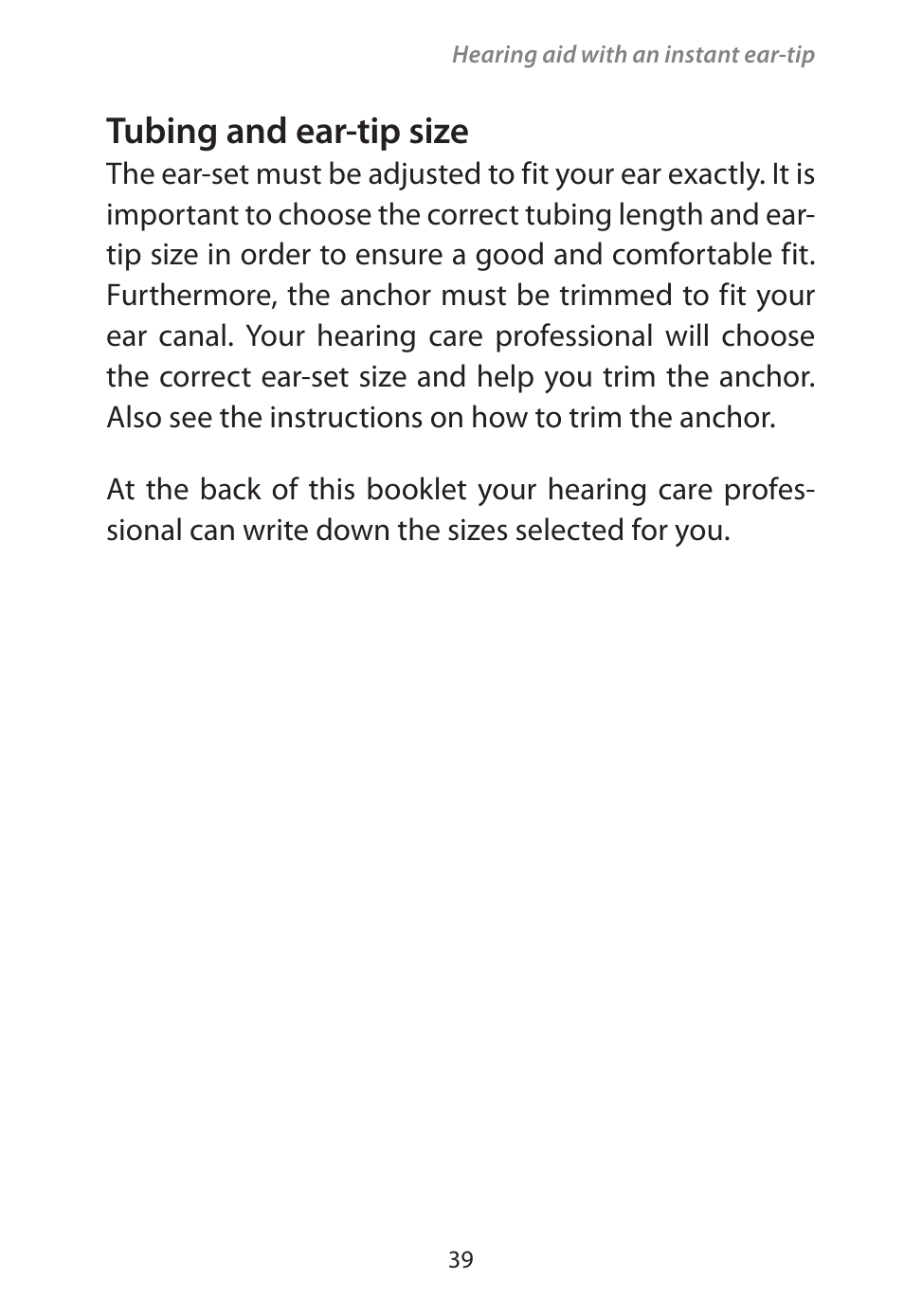 Tubing and ear-tip size | Widex Flash-m User Manual | Page 39 / 64