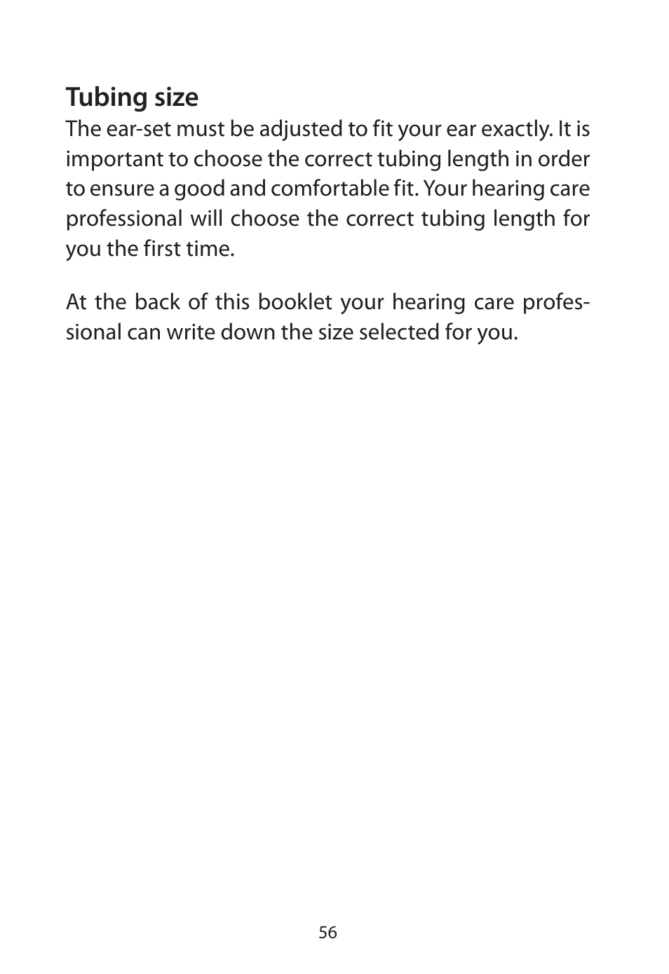 Tubing size | Widex Flash-m User Manual | Page 56 / 64