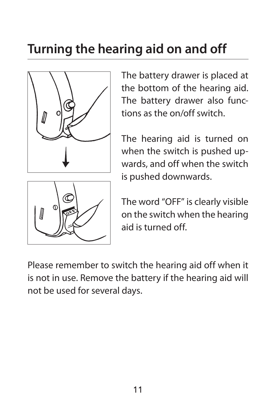 Turning the hearing aid on and off | Widex FL-9é Custom User Manual | Page 11 / 52