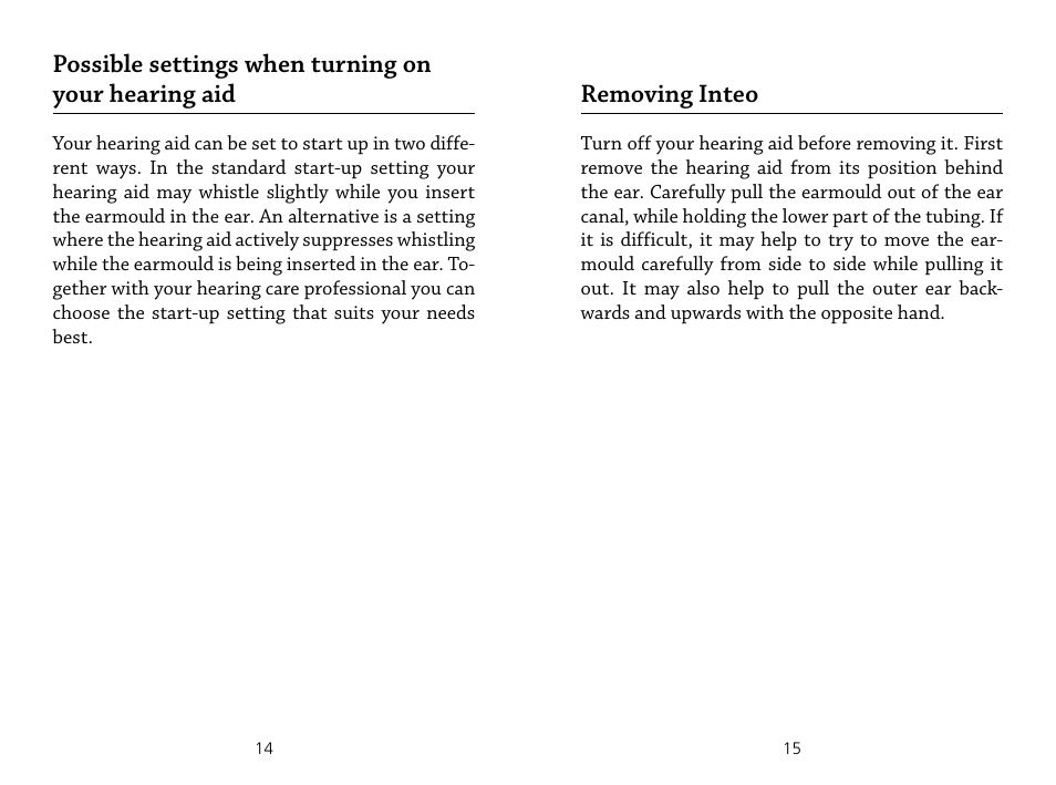 Possible settings when turning on your hearing aid, Removing inteo | Widex IN-19 User Manual | Page 8 / 23