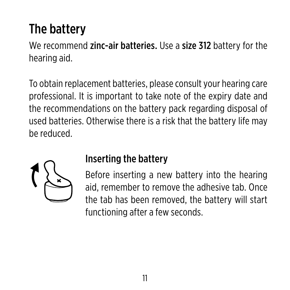 The battery | Widex ME-X User Manual | Page 11 / 64