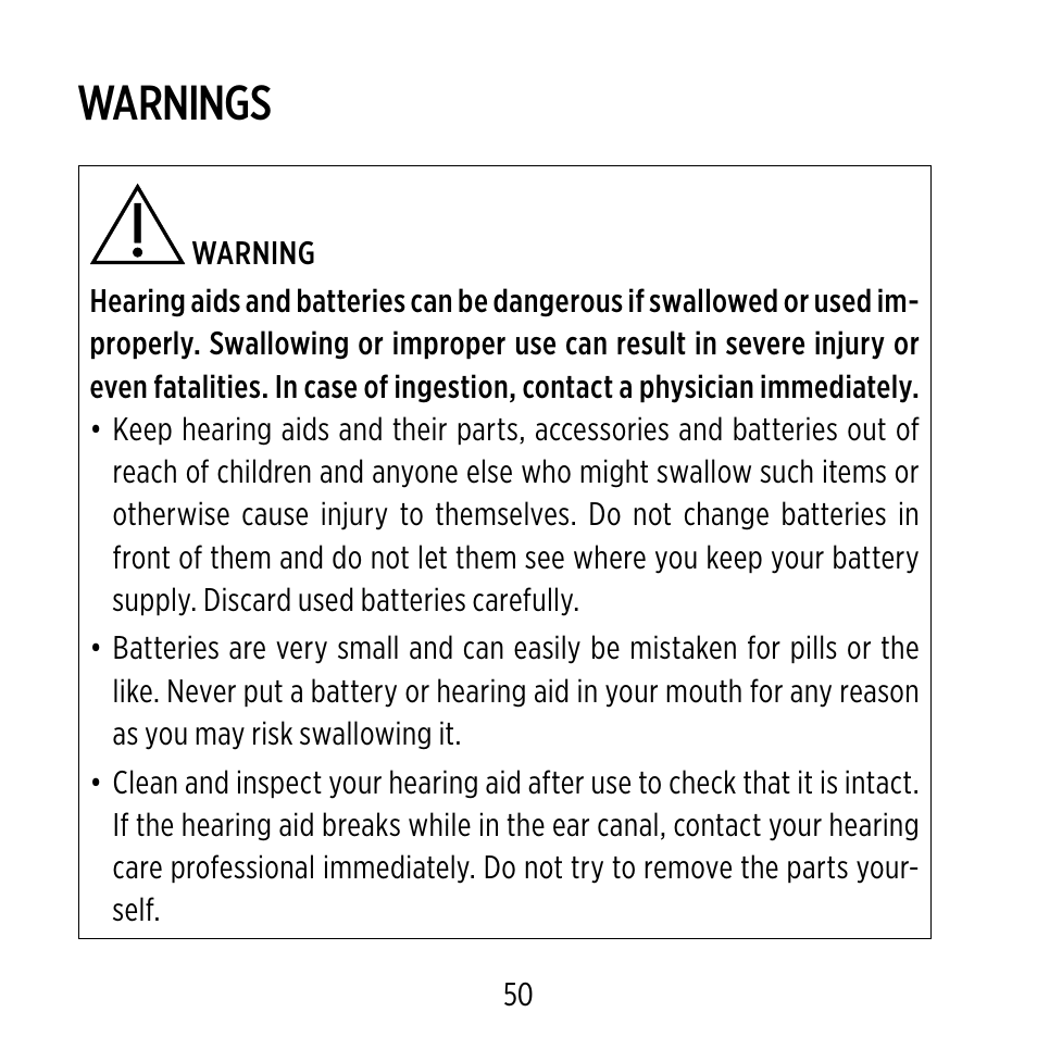 Warnings | Widex ME-X User Manual | Page 50 / 64