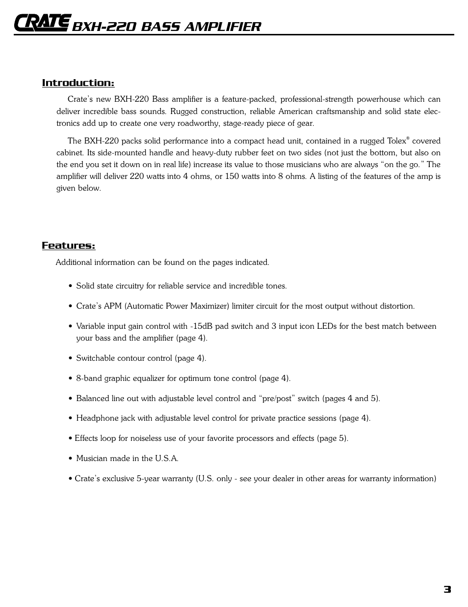 Bxh-220 bass amplifier, Introduction, Features | Crate Amplifiers BXH-220 User Manual | Page 3 / 8