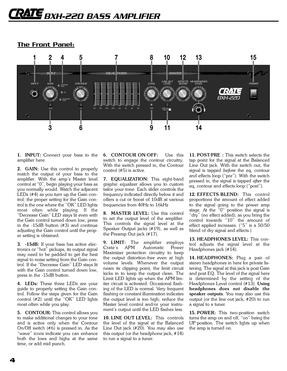 Bxh-220 bass amplifier, The front panel | Crate Amplifiers BXH-220 User Manual | Page 4 / 8