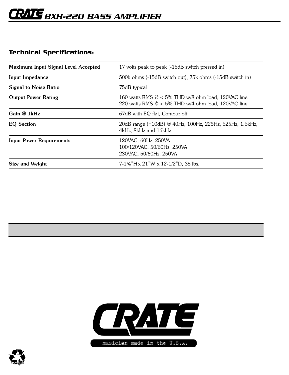 Bxh-220 bass amplifier, Technical specifications | Crate Amplifiers BXH-220 User Manual | Page 8 / 8