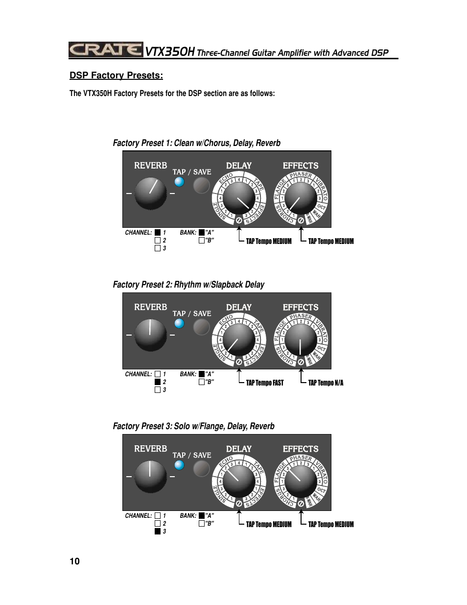 Vtx350h, Three-channel guitar amplifier with advanced dsp | Crate Amplifiers VTX350H User Manual | Page 10 / 16