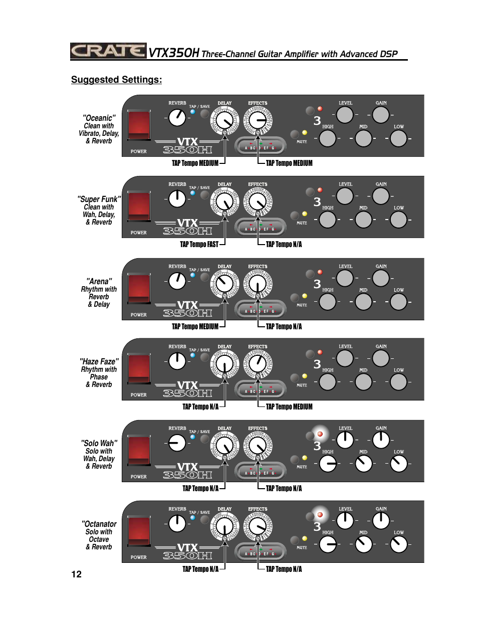 Vtx350h, Three-channel guitar amplifier with advanced dsp | Crate Amplifiers VTX350H User Manual | Page 12 / 16