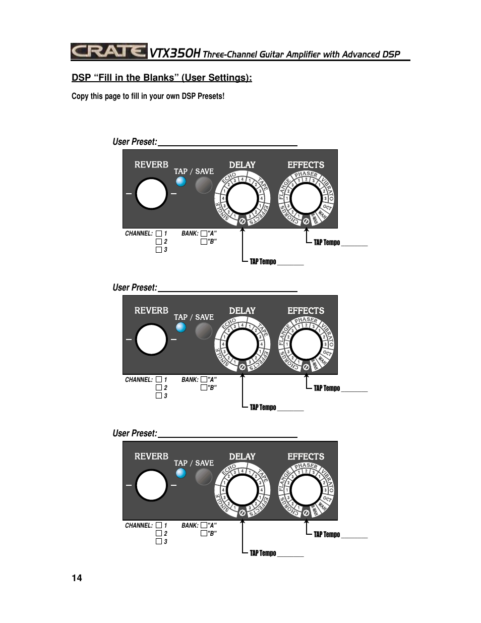 Vtx350h, Three-channel guitar amplifier with advanced dsp | Crate Amplifiers VTX350H User Manual | Page 14 / 16