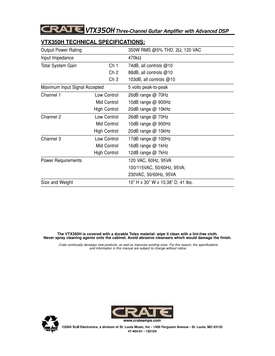 Vtx350h | Crate Amplifiers VTX350H User Manual | Page 16 / 16