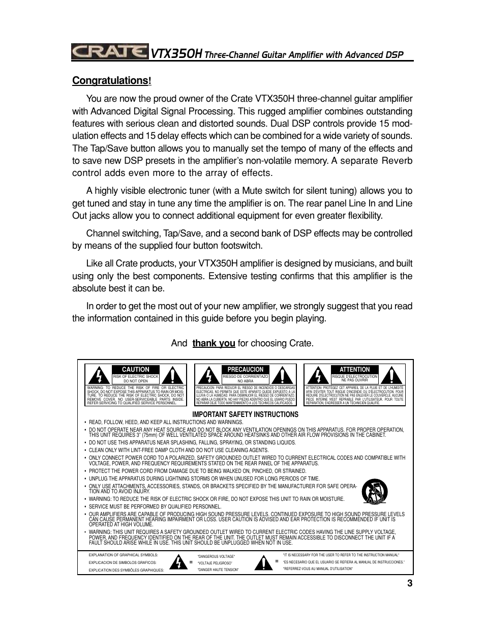 Vtx350h, Three-channel guitar amplifier with advanced dsp | Crate Amplifiers VTX350H User Manual | Page 3 / 16