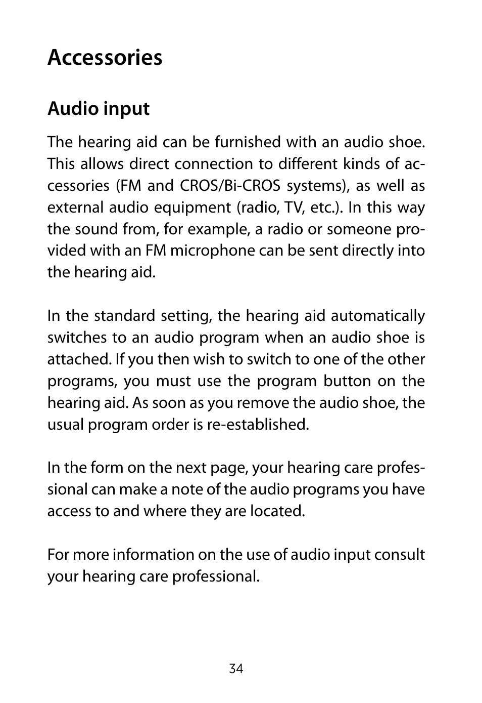 Accessories, Audio input | Widex RE-19 User Manual | Page 34 / 44