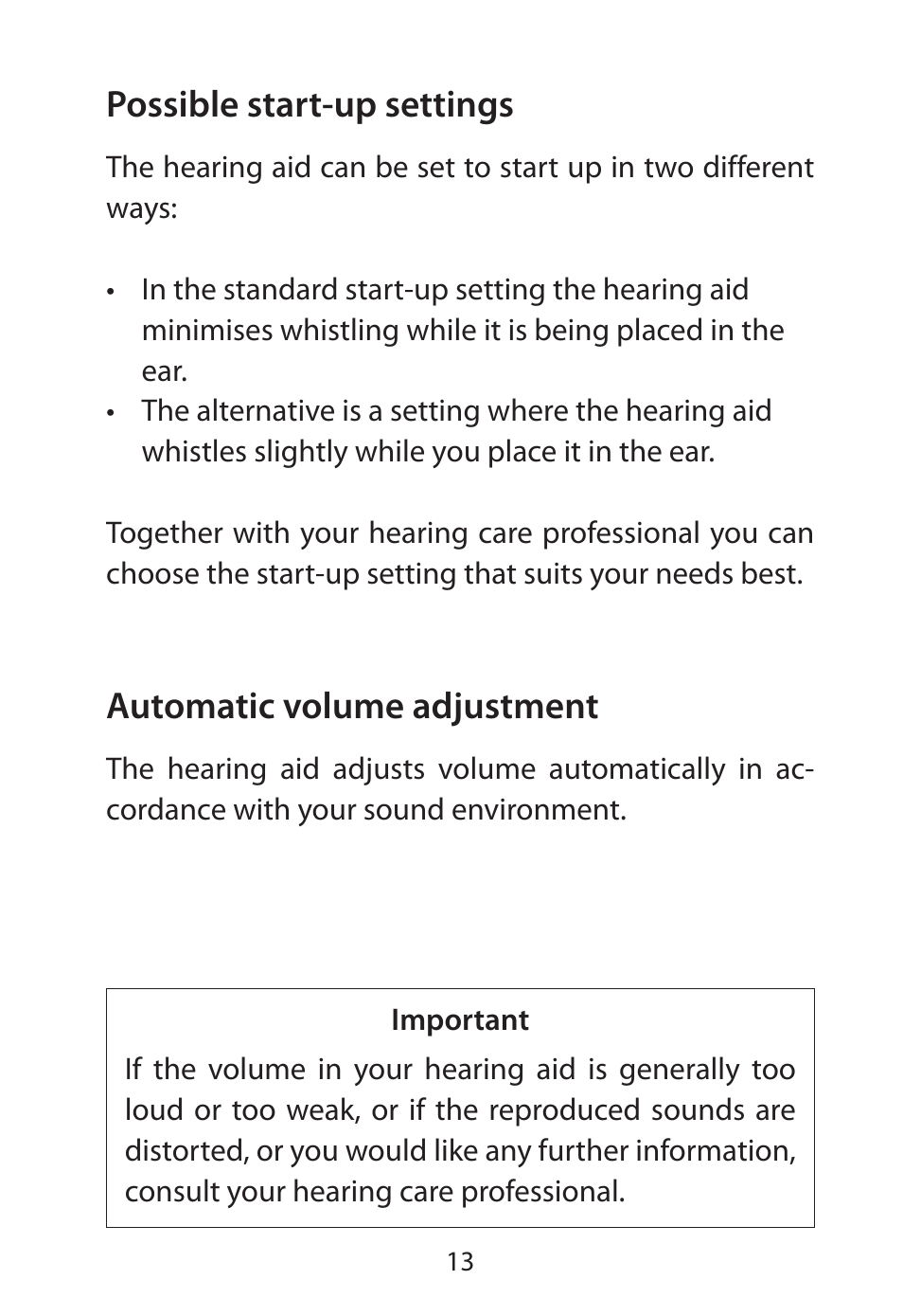 Possible start-up settings, Automatic volume adjustment | Widex RE-X User Manual | Page 13 / 36