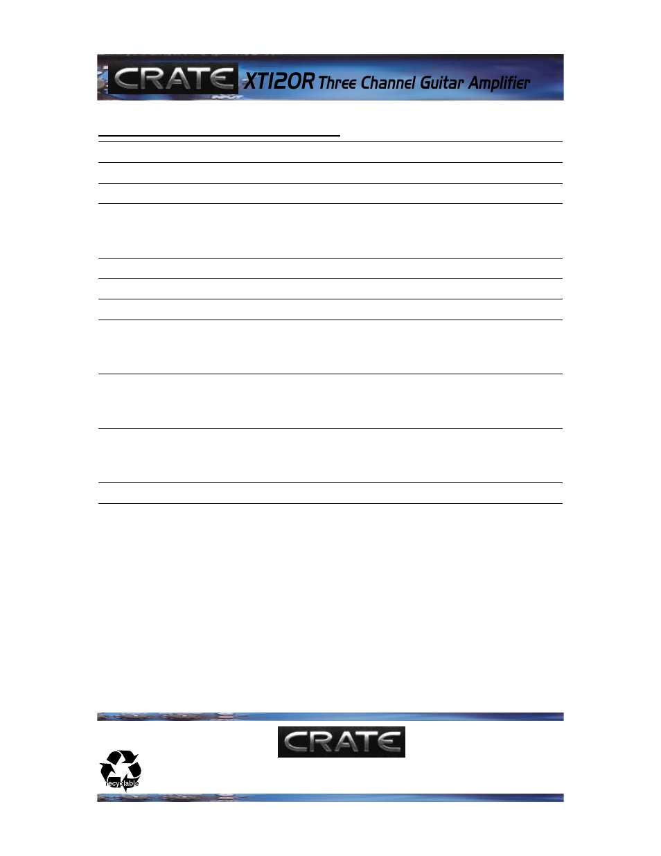 Xt120r, Three channel guitar amplifier | Crate Amplifiers XT120R User Manual | Page 8 / 8