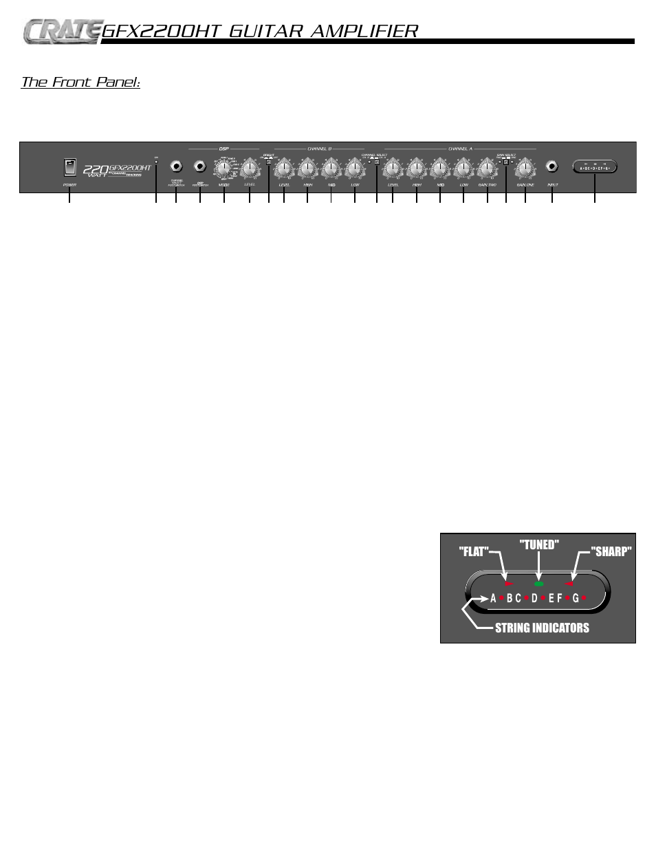 Gfx2200ht guitar amplifier, The front panel, Flat" "tuned" "sharp" string indicators | Crate Amplifiers GFX2200HT User Manual | Page 4 / 8