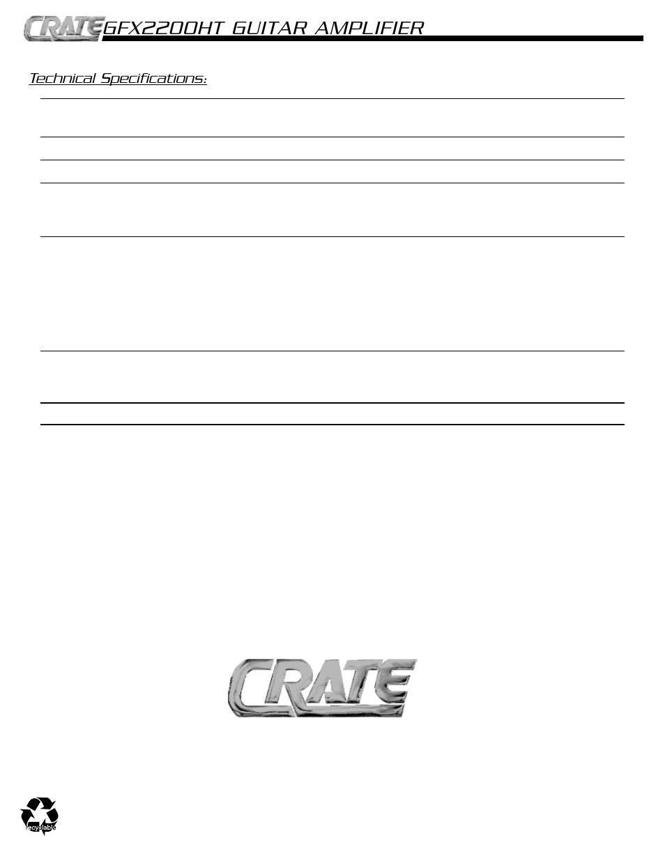 Gfx2200ht guitar amplifier, Technical specifications | Crate Amplifiers GFX2200HT User Manual | Page 8 / 8