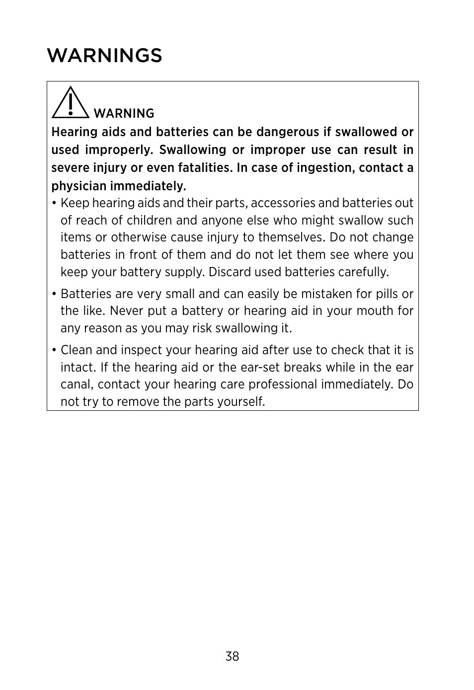 Warnings | Widex S4-VSD User Manual | Page 38 / 56