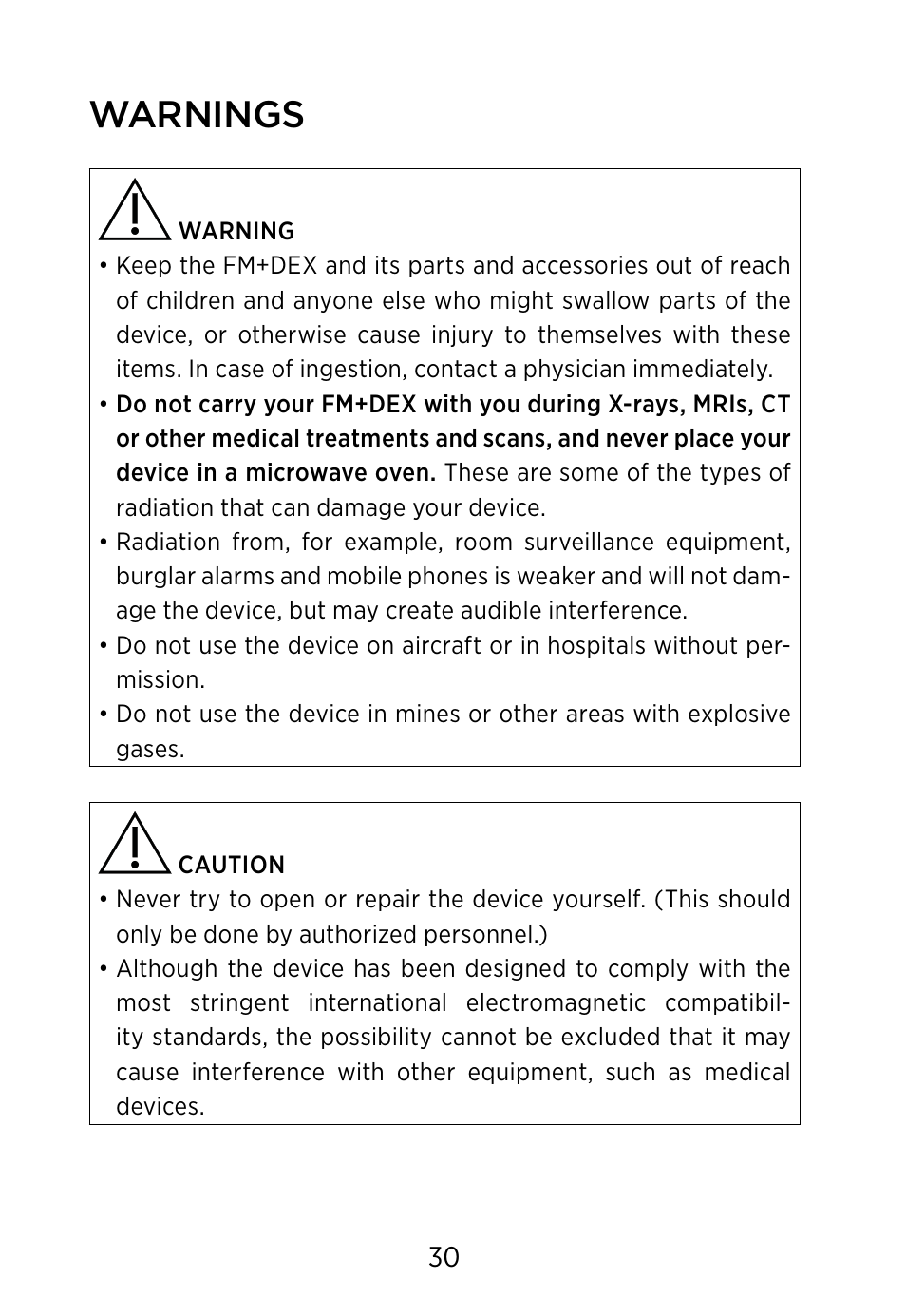 Warnings | Widex FM+DEX User Manual | Page 30 / 44