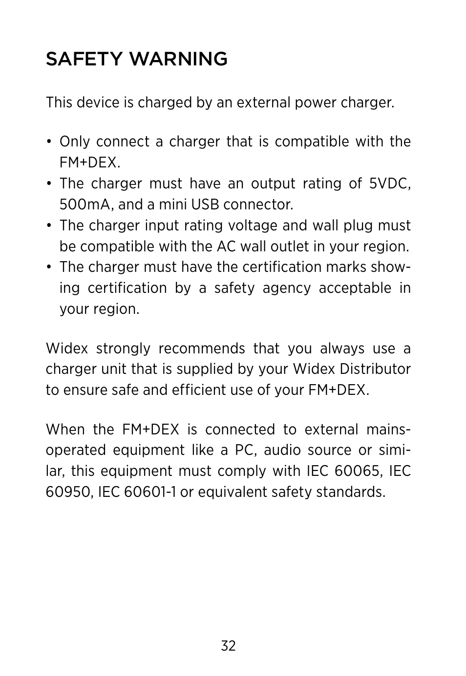 Safety warning | Widex FM+DEX User Manual | Page 32 / 44
