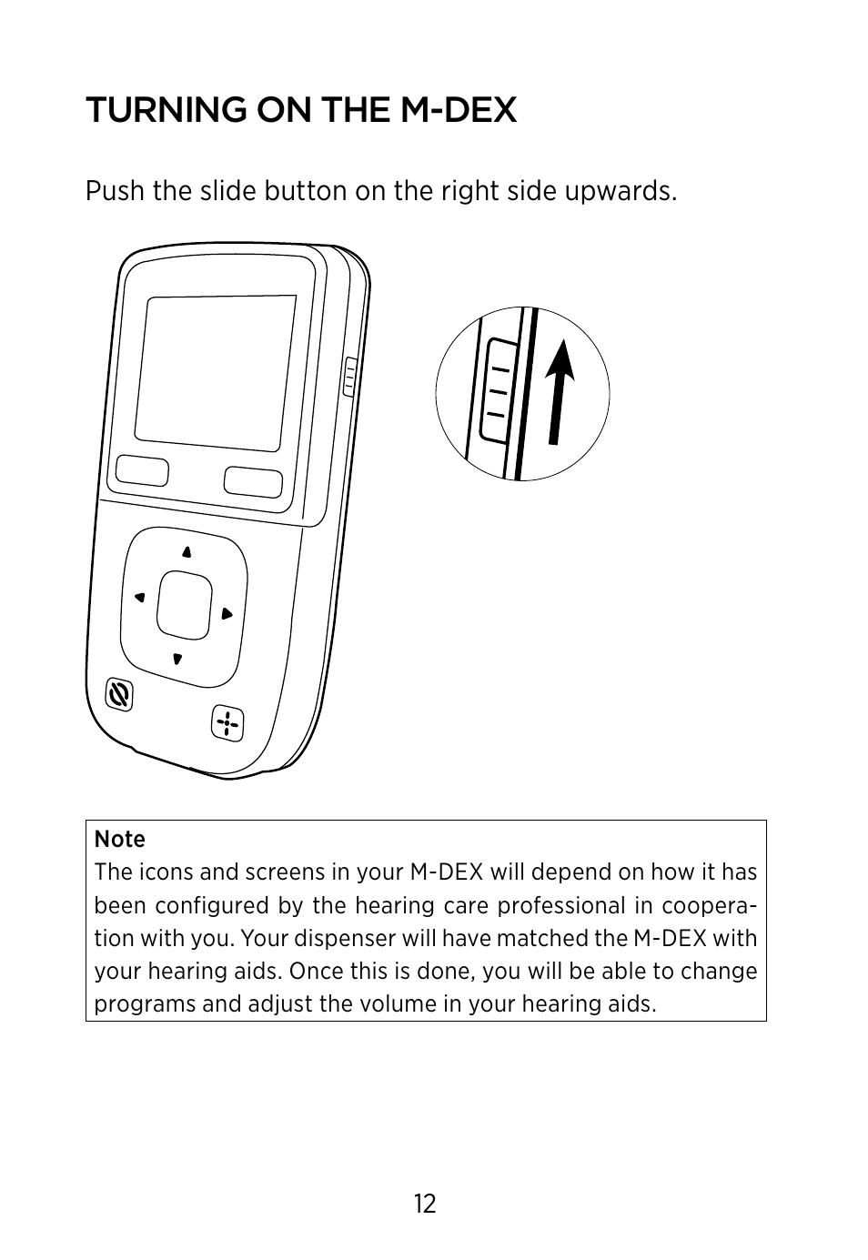 Turning on the m‑dex | Widex M‑DEX User Manual | Page 12 / 64