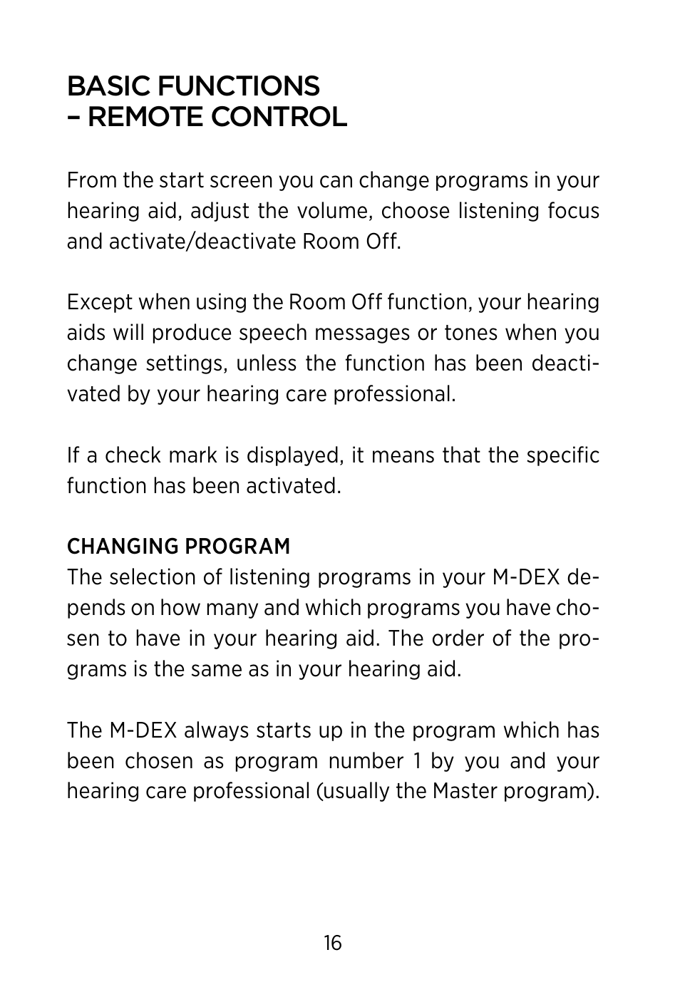 Basic functions – remote control | Widex M‑DEX User Manual | Page 16 / 64
