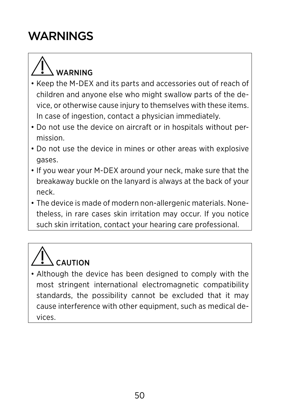 Warnings | Widex M‑DEX User Manual | Page 50 / 64