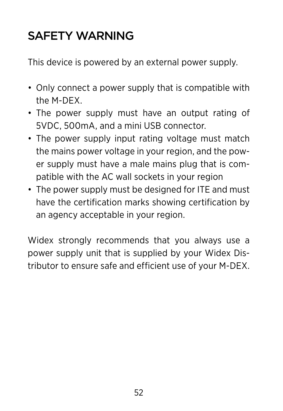 Safety warning | Widex M‑DEX User Manual | Page 52 / 64