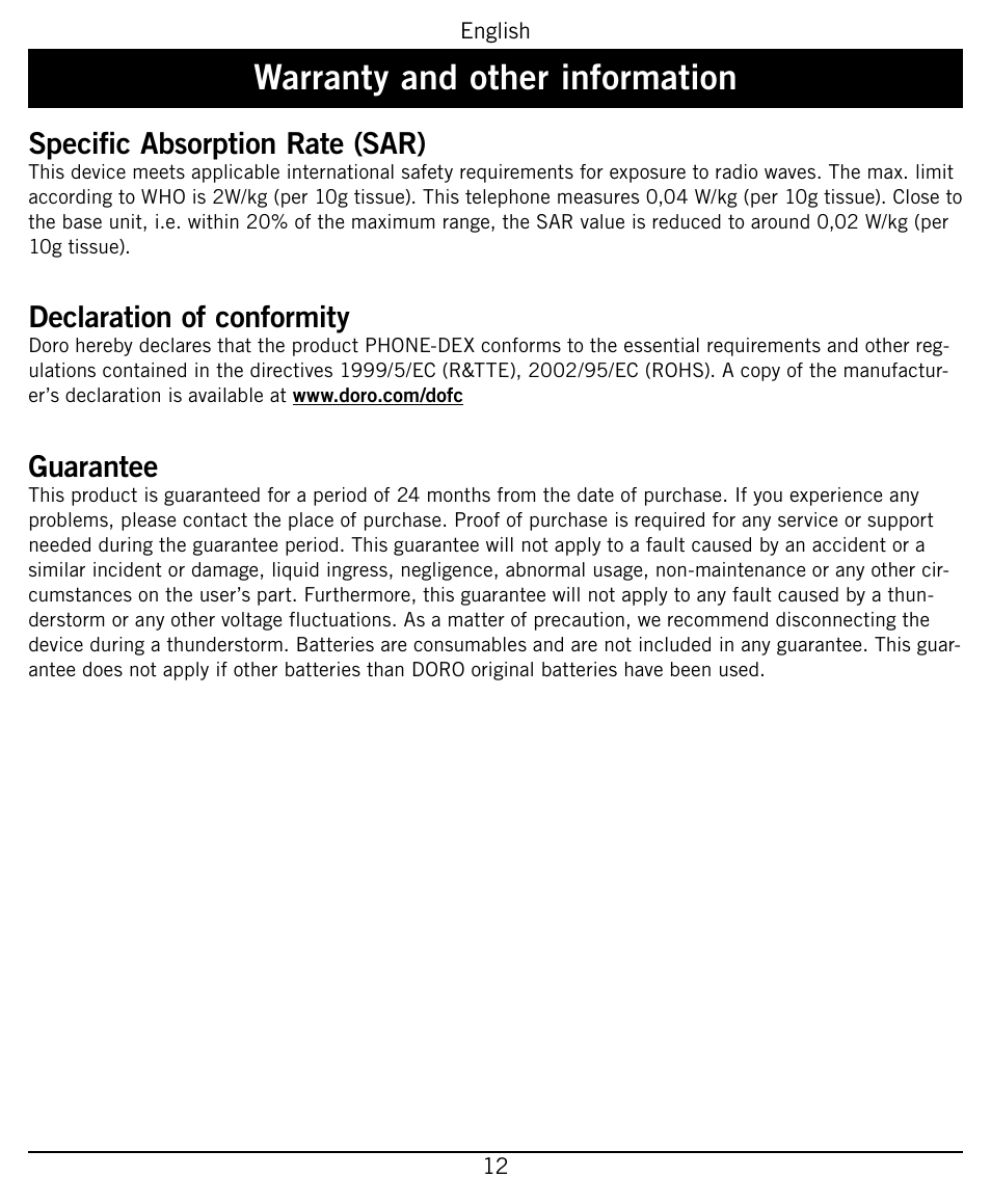 Warranty and other information, Specific absorption rate (sar), Declaration of conformity | Guarantee | Widex PHONE-Dex User Manual | Page 12 / 16