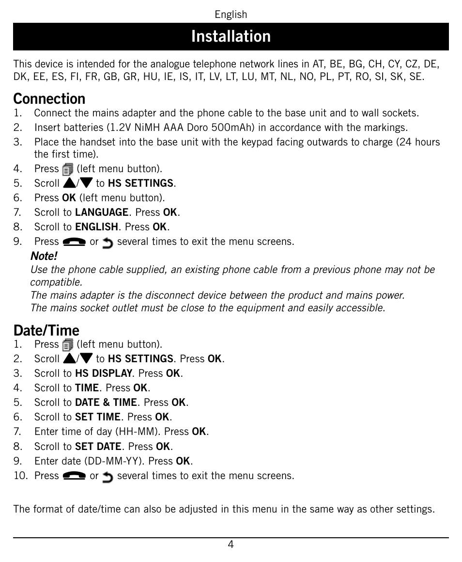 Installation, Connection, Date/time | Widex PHONE-Dex User Manual | Page 4 / 16