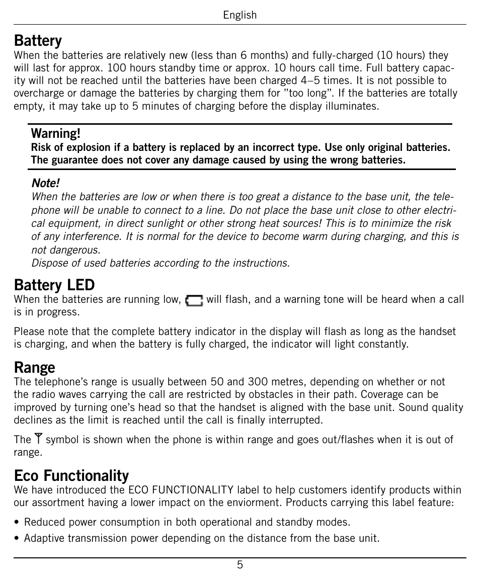 Battery, Battery led, Range | Eco functionality | Widex PHONE-Dex User Manual | Page 5 / 16