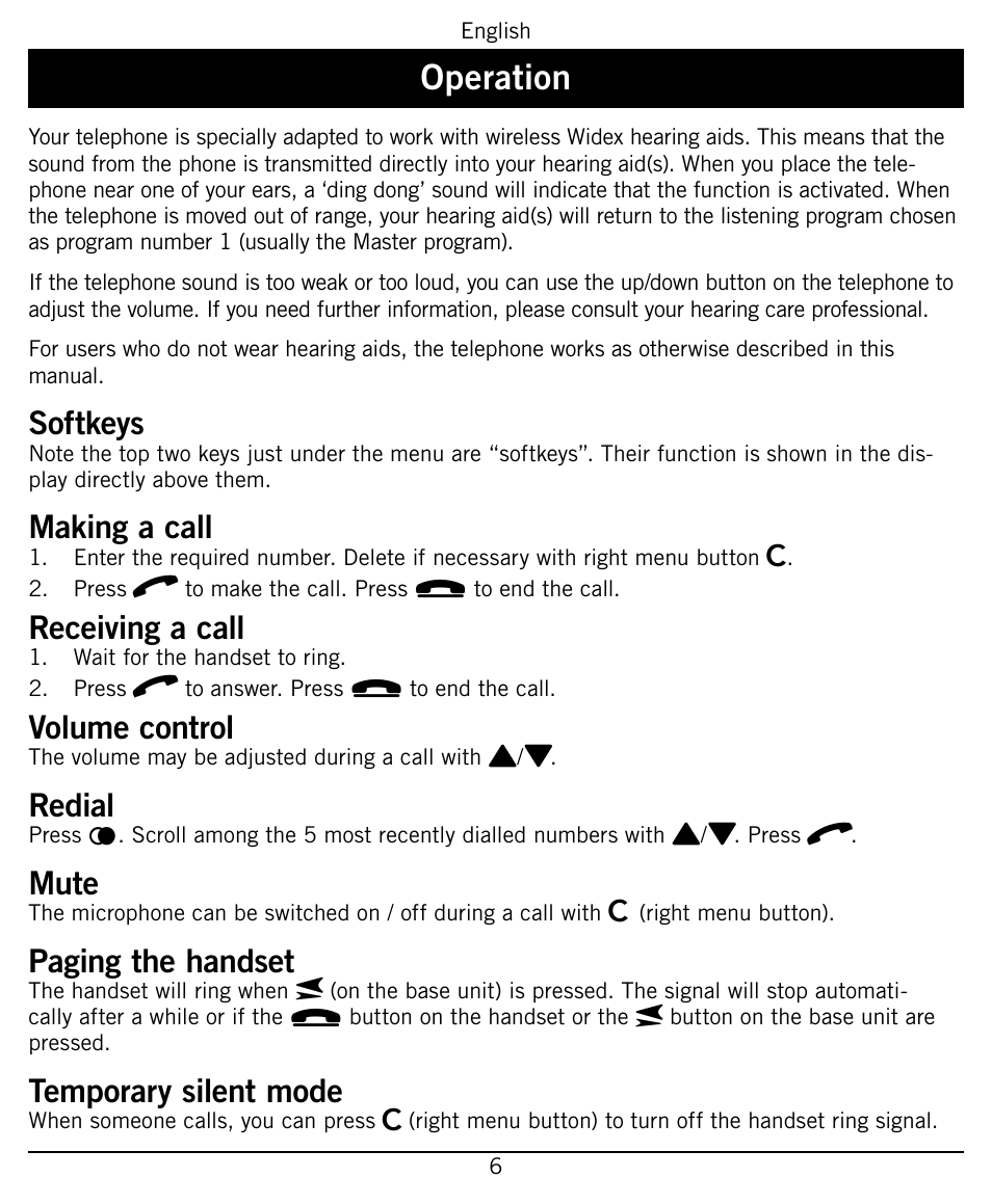 Operation, Softkeys, Making a call | Receiving a call, Volume control, Redial, Mute, Paging the handset, Temporary silent mode | Widex PHONE-Dex User Manual | Page 6 / 16