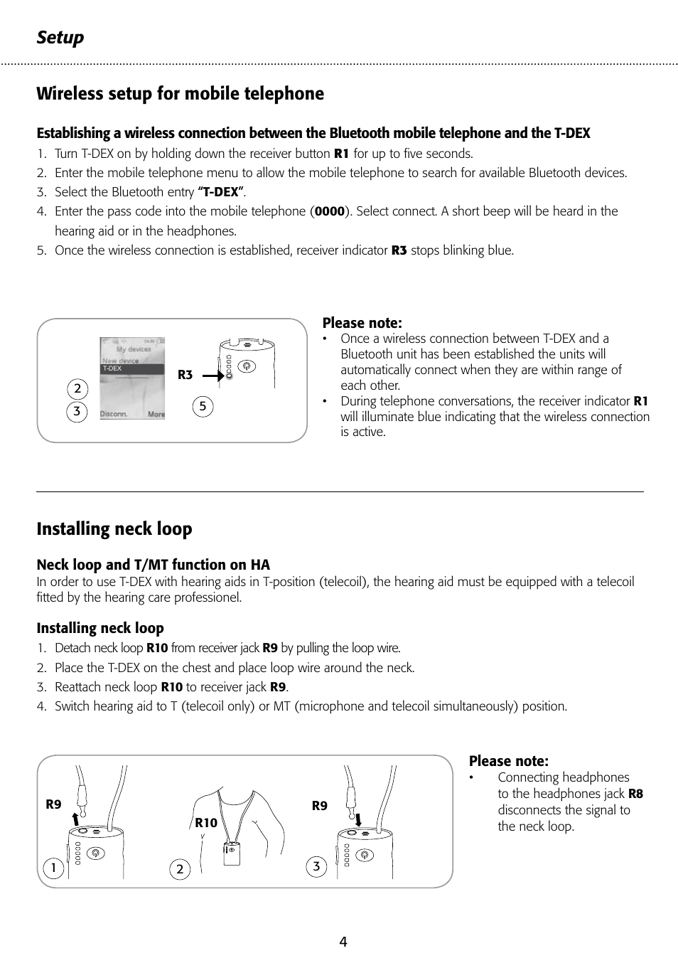 Wireless setup for mobile telephone, Setup, Installing neck loop | Widex T-Dex User Manual | Page 4 / 12