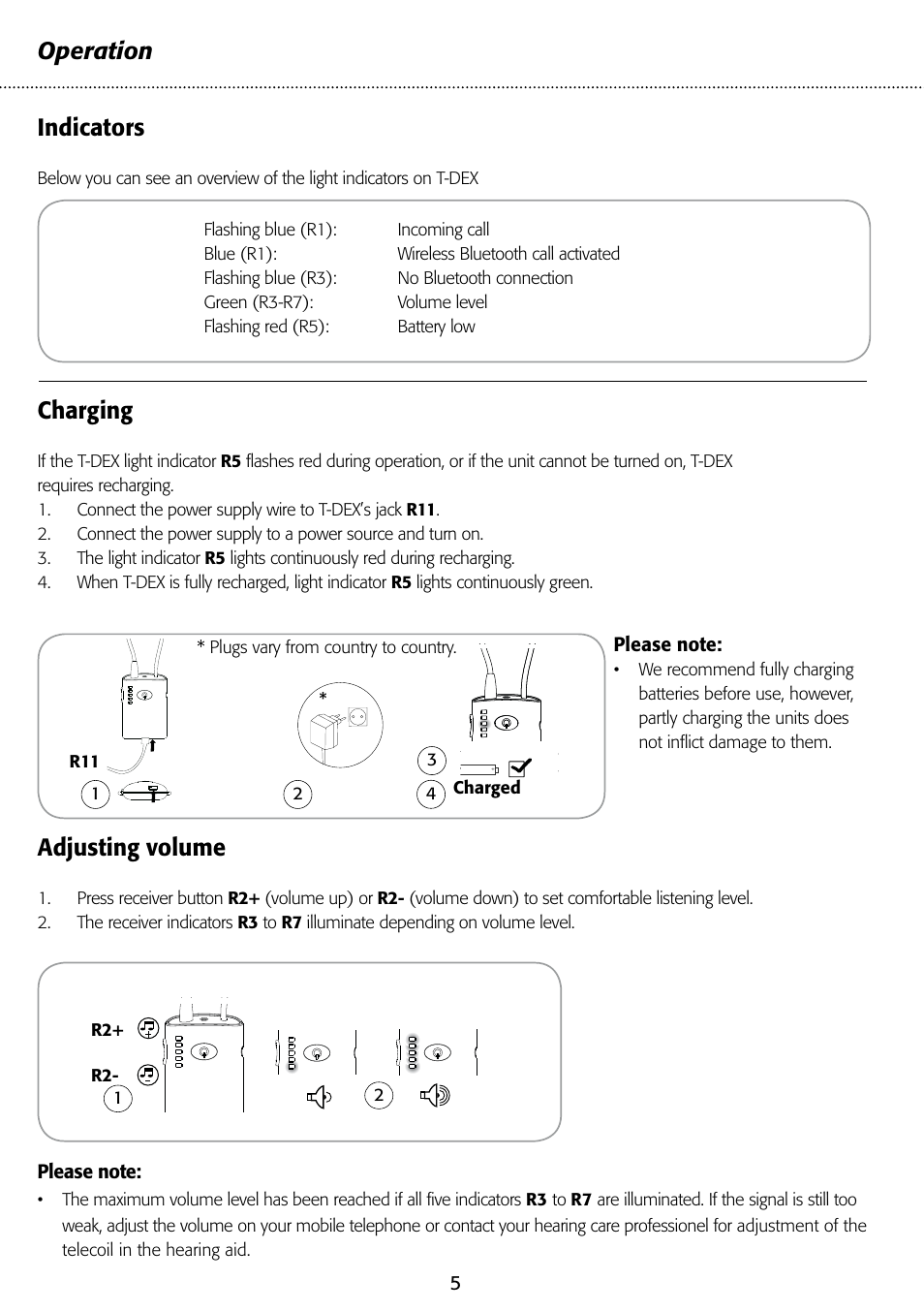 Operation adjusting volume, Indicators, Charging | Widex T-Dex User Manual | Page 5 / 12