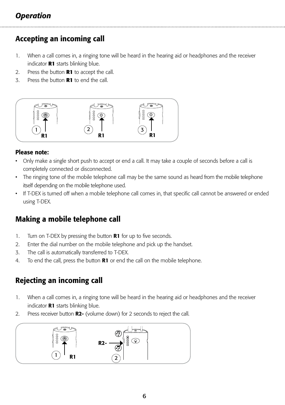 Operation accepting an incoming call, Making a mobile telephone call, Rejecting an incoming call | Widex T-Dex User Manual | Page 6 / 12